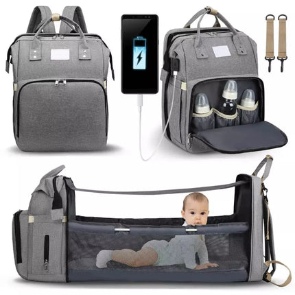 Multifunctional Diaper Backpack with Foldable Baby Bed & USB Charging Port – Waterproof & Spacious Travel Bag for Parents