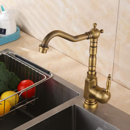 Antique Brass Swan Neck Kitchen Faucet – 360° Swivel Spout, Single Handle Mixer