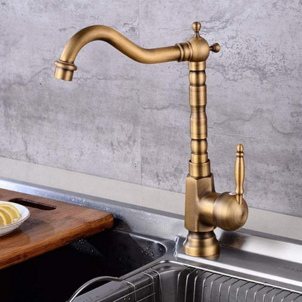 Antique Brass Swan Neck Kitchen Faucet – 360° Swivel Spout, Single Handle Mixer