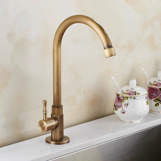 Antique Brass Swan Neck Kitchen Faucet – Elegant High-Arc Design for Farmhouse & Vintage Kitchens