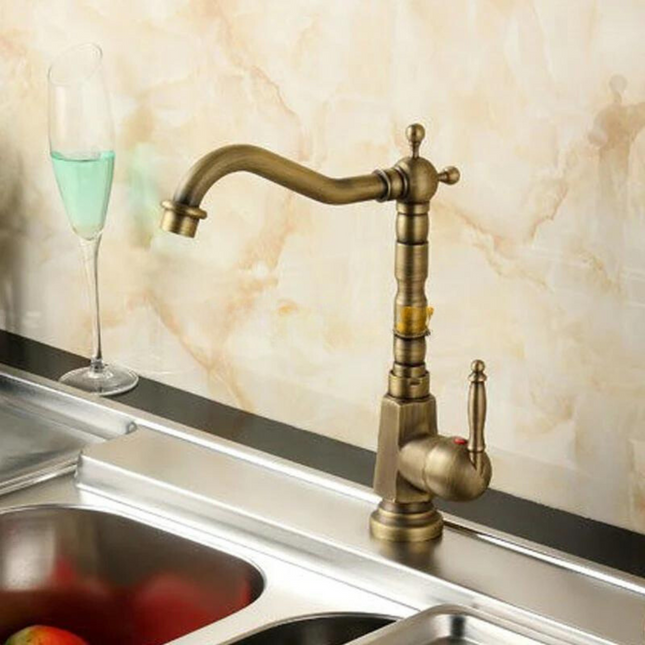 Antique Brass Kitchen Faucet with Swanneck Spout – 360° Rotatable, Single Handle Vintage Sink Tap