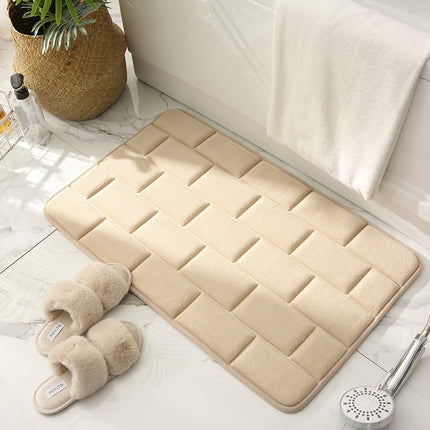 Non-Slip Bathroom Mat Beige Tile Pattern – Quick-Dry Absorbent Bath Rug for Shower & Tub