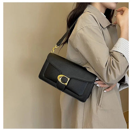 Elegant Vegan Leather Shoulder Bag with Gold Buckle – Timeless Design for Every Occasion