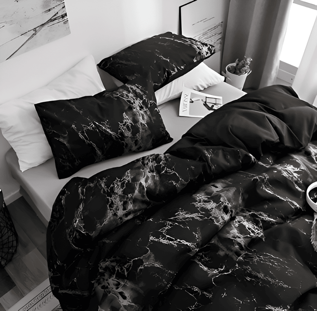 Luxury Black & White Marble Microfiber Duvet Cover Set 61″ x 87″ – 3-Piece Stylish Bedding Set