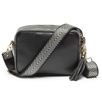 Trendy Black PU Leather Crossbody Bag for Women with Wide Black & White Herringbone Strap – Compact & Stylish