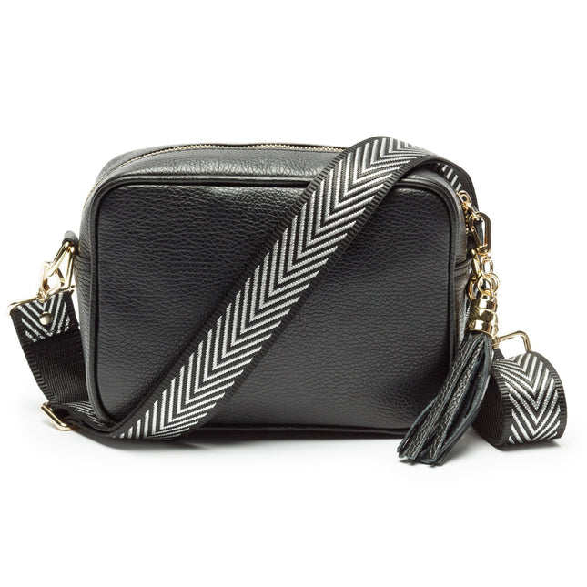 Trendy Black PU Leather Crossbody Bag for Women with Wide Black & White Herringbone Strap – Compact & Stylish