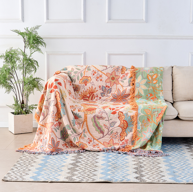 Boho Floral Throw Blanket 59" x 79" – Soft Cream Blanket with Orange & Blue Flowers – Cozy Accent for Couch, Bed & Outdoors