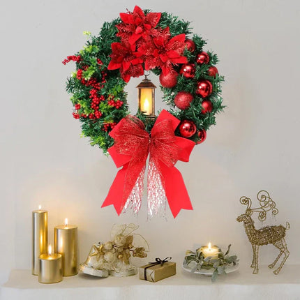 Red Christmas Wreath 16" with LED Lantern – Festive Holiday Decoration for Indoors