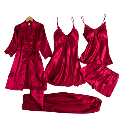 5-Piece Women's Satin Pajama Set with Robe, Camisole, Adjustable-strap Top, Shorts & Long Pants – Luxurious Sleepwear for All Seasons