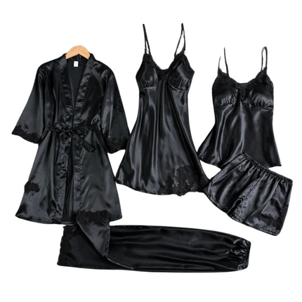 5-Piece Women's Satin Pajama Set with Robe, Camisole, Adjustable-strap Top, Shorts & Long Pants – Luxurious Sleepwear for All Seasons