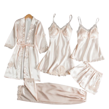 5-Piece Women's Satin Pajama Set with Robe, Camisole, Adjustable-strap Top, Shorts & Long Pants – Luxurious Sleepwear for All Seasons