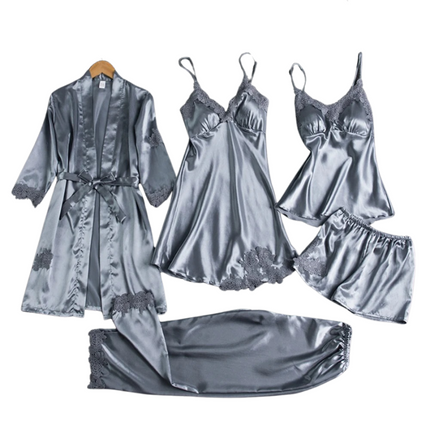 5-Piece Women's Satin Pajama Set with Robe, Camisole, Adjustable-strap Top, Shorts & Long Pants – Luxurious Sleepwear for All Seasons