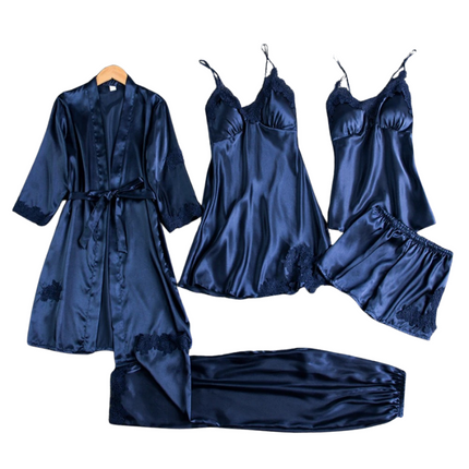 5-Piece Women's Satin Pajama Set with Robe, Camisole, Adjustable-strap Top, Shorts & Long Pants – Luxurious Sleepwear for All Seasons
