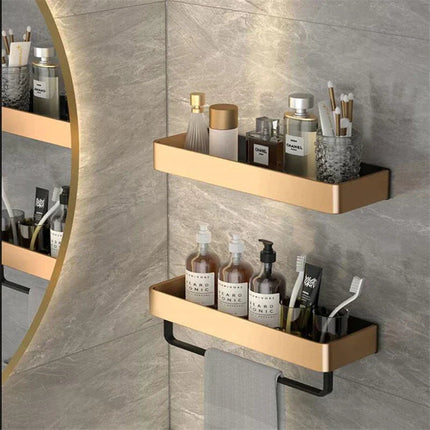 Modern Wooden Bathroom Wall Shelf – Stylish Space-Saving Organizer with Metal Accents