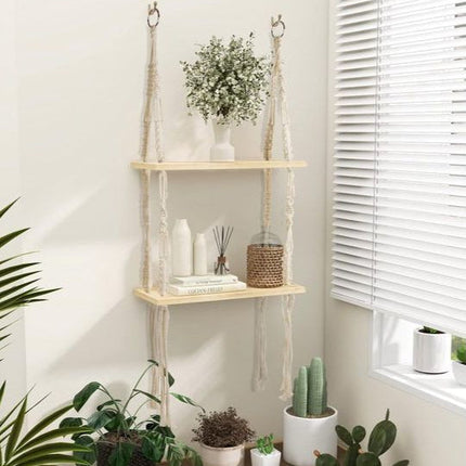 Handmade Double Wooden Wall Shelf 15.7" x 5.5" – Boho Wall Décor & Stylish Storage for Home