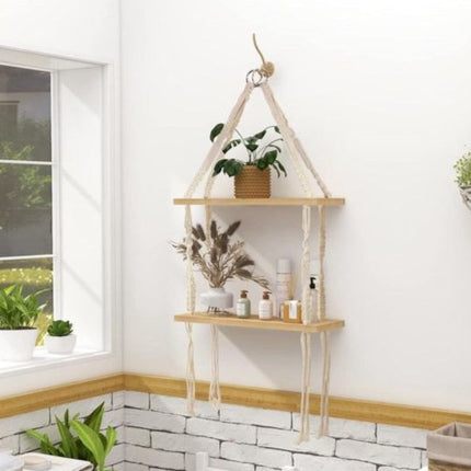 Handmade Double Wooden Wall Shelf 15.7" x 5.5" – Boho Wall Décor & Stylish Storage for Home