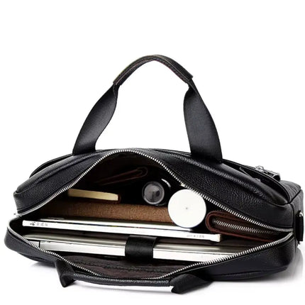 Premium Black Leather Laptop Bag for Men – 15.6" Water-Resistant Briefcase with Multiple Compartments