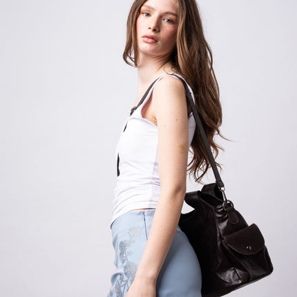 Black Leather Shoulder Bag with Side Pockets – Spacious & Elegant Women’s Leather Handbag