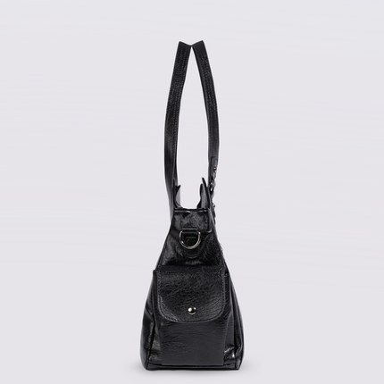 Black Leather Shoulder Bag with Side Pockets – Spacious & Elegant Women’s Leather Handbag