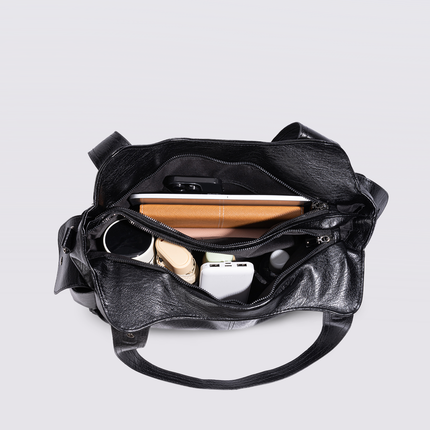 Black Leather Shoulder Bag with Side Pockets – Spacious & Elegant Women’s Leather Handbag