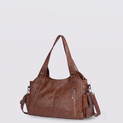 Black Leather Shoulder Bag with Side Pockets – Spacious & Elegant Women’s Leather Handbag