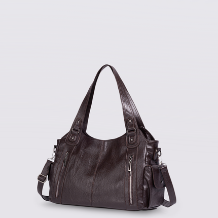 Black Leather Shoulder Bag with Side Pockets – Spacious & Elegant Women’s Leather Handbag