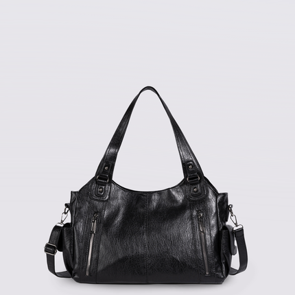 Black Leather Shoulder Bag with Side Pockets – Spacious & Elegant Women’s Leather Handbag