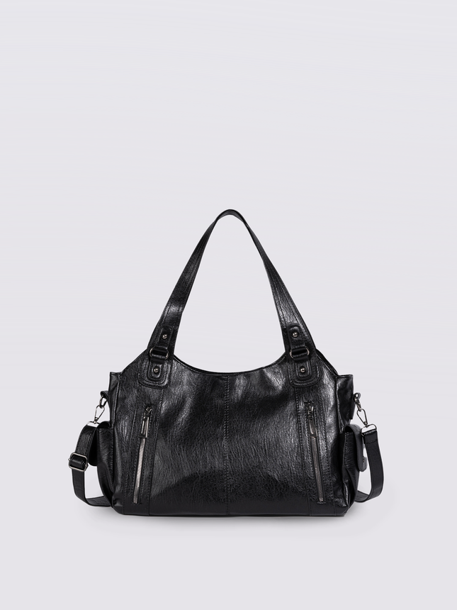 Black Leather Shoulder Bag with Side Pockets – Spacious & Elegant Women’s Leather Handbag