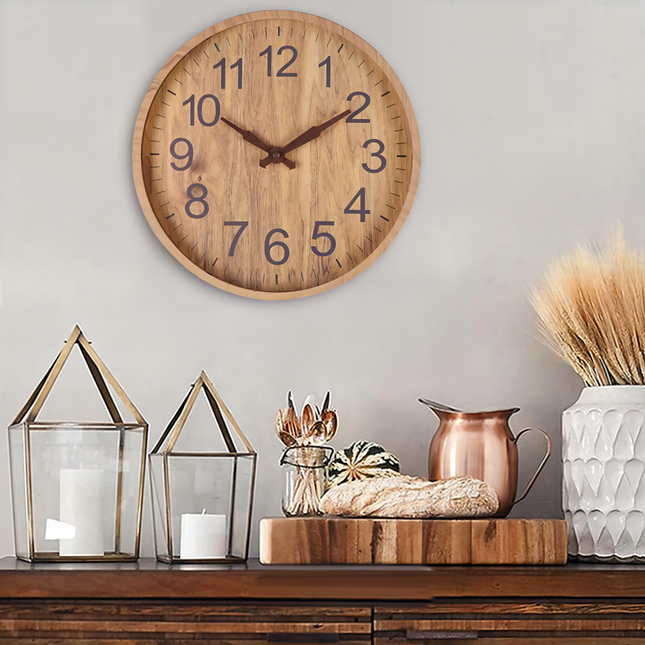 Silent Wooden Wall Clock 12" – Large Numbers, Rustic Modern Design for Home Décor