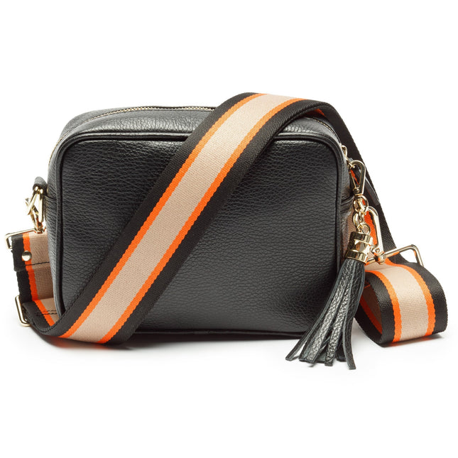 Women’s Black Crossbody Bag with Orange Striped Strap – Stylish Faux Leather Shoulder Bag with Adjustable Strap & Tassel Accent