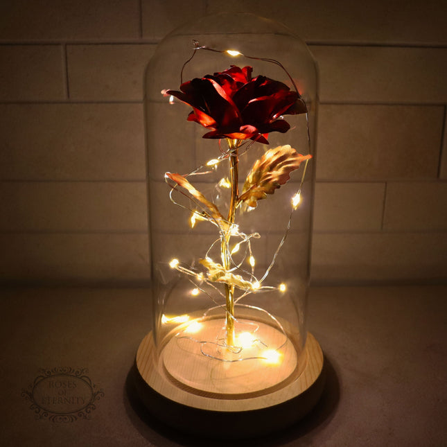 Eternal Gold Rose in Glass Dome with LED Lights – 24K Preserved Flower Gift for Her, Romantic Home Decor 4.7" x 7.9"