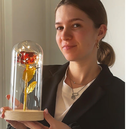 Eternal Gold Rose in Glass Dome with LED Lights – 24K Preserved Flower Gift for Her, Romantic Home Decor 4.7" x 7.9"