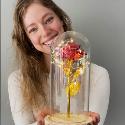 Eternal Gold Rose in Glass Dome with LED Lights – 24K Preserved Flower Gift for Her, Romantic Home Decor 4.7" x 7.9"