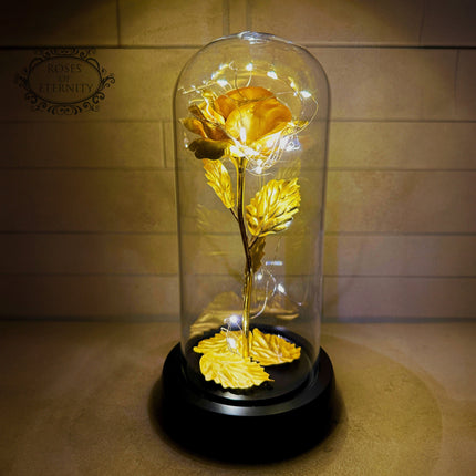 Eternal Gold Rose in Glass Dome with LED Lights – 24K Preserved Flower Gift for Her, Romantic Home Decor 4.7" x 7.9"