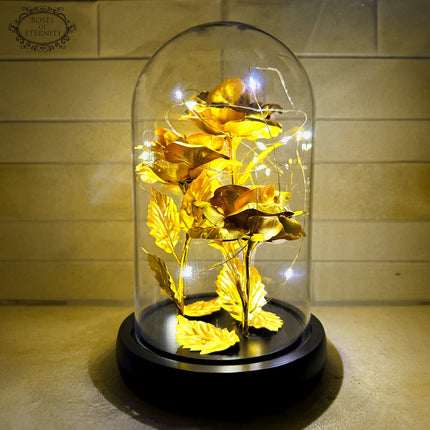 Eternal Gold Rose in Glass Dome with LED Lights – 24K Preserved Flower Gift for Her, Romantic Home Decor 4.7" x 7.9"