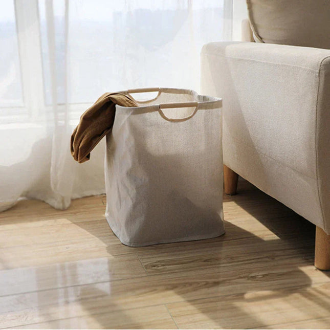 Japanese-Inspired Foldable Laundry Basket – Neutral Beige Cotton & Linen Storage Bin with Handles