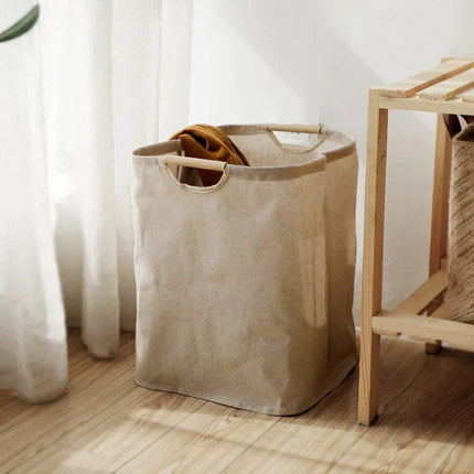Japanese-Inspired Foldable Laundry Basket – Neutral Beige Cotton & Linen Storage Bin with Handles