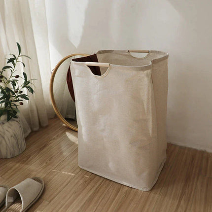 Japanese-Inspired Foldable Laundry Basket – Neutral Beige Cotton & Linen Storage Bin with Handles