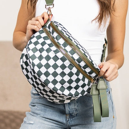 Oversized Plaid Crescent Crossbody Bag – Water-Resistant Nylon, Adjustable Strap, Multi-Pocket Design