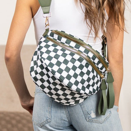 Oversized Plaid Crescent Crossbody Bag – Water-Resistant Nylon, Adjustable Strap, Multi-Pocket Design