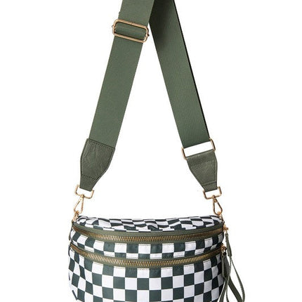 Oversized Plaid Crescent Crossbody Bag – Water-Resistant Nylon, Adjustable Strap, Multi-Pocket Design