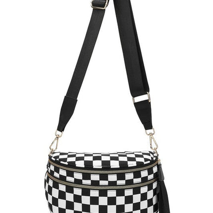 Oversized Plaid Crescent Crossbody Bag – Water-Resistant Nylon, Adjustable Strap, Multi-Pocket Design