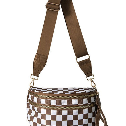 Oversized Plaid Crescent Crossbody Bag – Water-Resistant Nylon, Adjustable Strap, Multi-Pocket Design