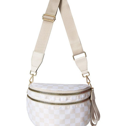 Oversized Plaid Crescent Crossbody Bag – Water-Resistant Nylon, Adjustable Strap, Multi-Pocket Design