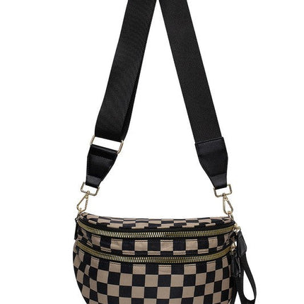 Oversized Plaid Crescent Crossbody Bag – Water-Resistant Nylon, Adjustable Strap, Multi-Pocket Design