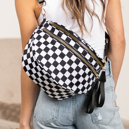 Oversized Plaid Crescent Crossbody Bag – Water-Resistant Nylon, Adjustable Strap, Multi-Pocket Design