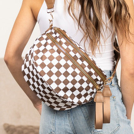 Oversized Plaid Crescent Crossbody Bag – Water-Resistant Nylon, Adjustable Strap, Multi-Pocket Design