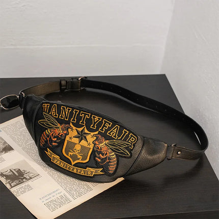 Vintage Black Fanny Pack with Bold Vanity Fair Print – Stylish Belt Bag for Festivals & Daily Wear