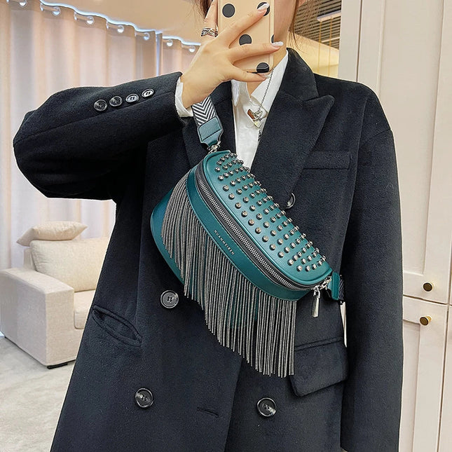 Trendy Fringe Crossbody Bag – PU Leather Shoulder Bag with Zipper & Adjustable Strap