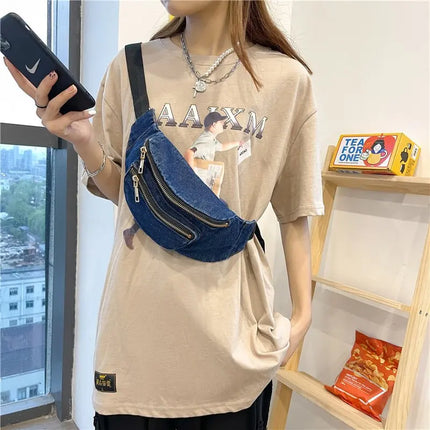 Trendy Denim Waist Bag – Crossbody / Fanny Pack with Multiple Zip Pockets, Casual Festival Hip Bag